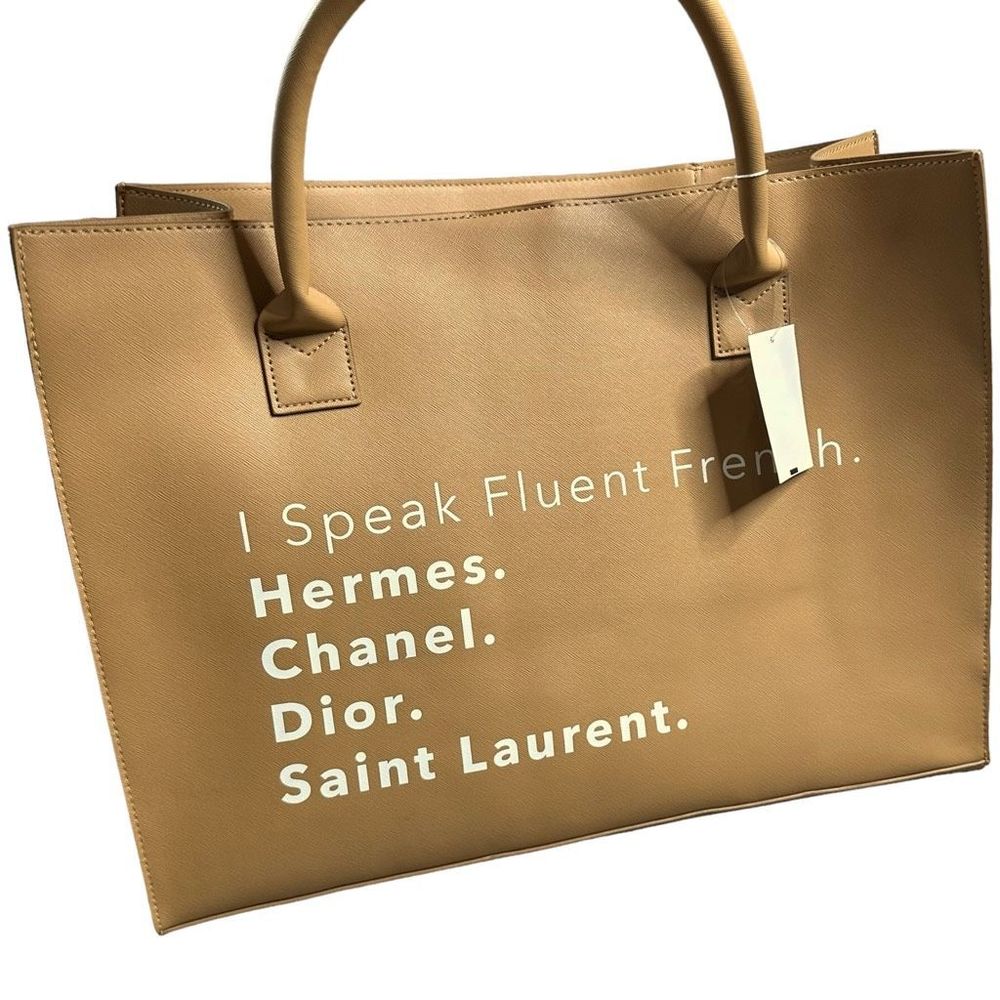 NWT LA|TC I Speak Fluent French Tan Vegan Leather Tote Bag Designer Names New